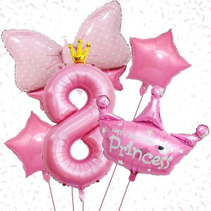 Pink 8Th Birthday Decorations, Pink 8Th Birthday Balloon Set With 40 Inch Pink Number 8, Large Helium Foil Mylar Princess Crown Balloon, Pink Bow Foil Balloons For Girls Birthday Party Decoration