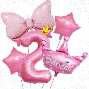 Pink 2Nd Birthday Decorations, Pink 2Nd Birthday Balloon Set With 40 Inch Pink Number 2, Large Helium Foil Mylar Princess Crown Balloon, Pink Bow Foil Balloons For Girls Birthday Party Decoration