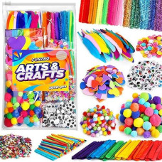 Funzbo 2000Pcs+ Arts & Crafts Supplies Kits For Kids,Diy Craft Supplies For Toddlers Diy Art Supply Tools Set Include Pipe Cleaners,Pom Poms,Feather For Crafts,Crafts For Kids Ages 4-8