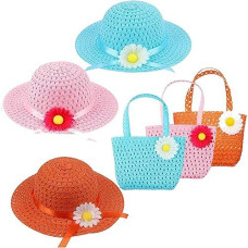 Yesimet Girls Tea Party Set - 3 Straw Purses & 3 Daisy Flower Sunhats For Princess Birthday Celebrations (Pink, Orange, Blue)