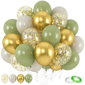 Sage Green And Gold Balloons, 60Pcs 12 Inch Sage Green White Sand Balloon Set With Metallic Chrome Gold Confetti Latex Helium Balloons For Jungle Safari Forest Theme Birthday Graduation Party Supplies