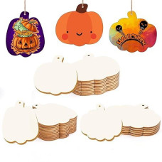 Tmflexe Pumpkin 30Pcs Unfinished Wooden Ornaments Halloween Thanksgiving Autumn Paintable Blank Pumpkin Cutouts Hanging Wood Slices Diy Craft For Kids Art Crafts Party Supplies