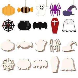 50Pcs Halloween Unfinished Wood Paintable Blank Wooden Cutouts Bulk Hanging Wood Slices For Paint Diy Art Kids Crafts Supplies, 10 Designs-Ghosts,Pumpkin,Bat,Spider,Web,Witch Hats,Jar,Tombstone,Candy