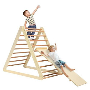 Honey Joy Triangle Climber With Ramp, 2-In-1 Indoor Toddler Climbing Triangle Set With Ladder & Slide, Foldable Wooden Kids Climbing Toys For Playground, Gym & Daycare, Gift For Boys Girls (Natural)