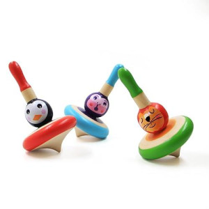 Shumee Handmade Wooden Animal Spin Tops (Lion,Monkey & Penguin) - 3Pcs | Colorful | 100% Child Safe | Gyroscope Fidget Spinner | Novelty Spinning Tops | Sensory Toys | Birthday Party Favors