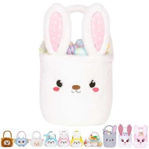 Bunny Easter Basket For Kids, Cute Plush Empty Bucket With Foldable Ears And Handle Egg Hunt Tote Candy Bag Basket For Boy Girl Teens Gift, Easter Basket Decor White 9×9 Inch