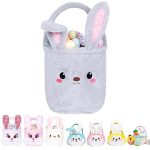 Bunny Easter Basket For Kids, Cute Plush Empty Bucket With Foldable Ears And Handle Egg Hunt Tote Candy Bag Basket For Boy Girl Teens Gift, Easter Basket Decor Grey 9×9 Inch