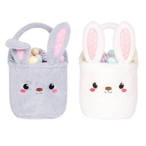 Bunny Easter Basket For Kids, 2 Pack Set Cute Plush Empty Bucket With Foldable Ears And Handle Egg Hunt Tote Candy Bag Basket For Boy Girl Teens Gift, Easter Basket Decor White And Grey 2Pcs