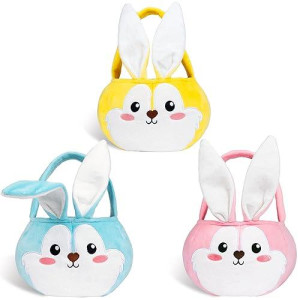 Easter Baskets 3 Pack Cute Empty Bunny Basket With Foldable Ears And Handle For Kids Boy Girl Gift, Easter Decor Set 3 Pink Blue Yellow