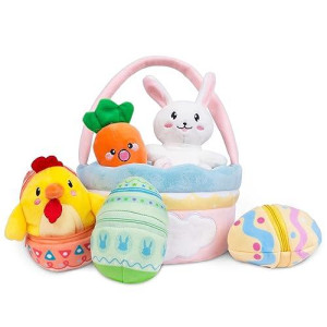 Lubot Stuffed Easter Basket For Toddler Baby Kids With Fillable Eggs And Toys Stuffers Playset Cute Plush Egg Hunt Bucket For Boy Girl Gift, Easter Decor 7 Pcs