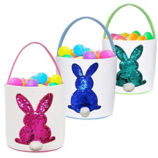 Poptrend Easter Basket Bags,Easter Eggs/Gift Baskets For Kids,Bunny Tote Bag Bucket For Easter Eggs,Toys, Candy,Gifts (3 Pack Blue Green Pink)