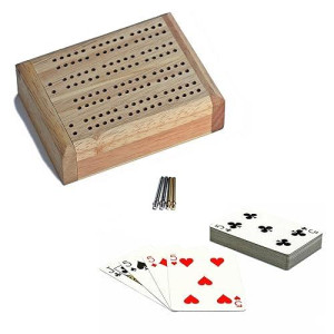 We Games Wooden Travel Cribbage Board Set, Travel Crib Board With Swivel Top Opening And For Card Storage, 2 Track Cribbage Board Game Set With Cards And Pegs, Mini Board Games For Adults