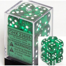 Chessex Dice D6 Sets: Green With White Translucent - 16Mm Six Sided Die (12) Block Of Dice