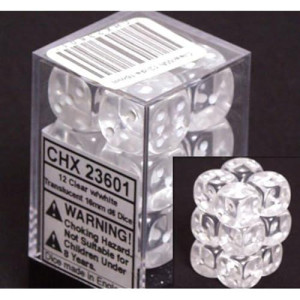 Chessex Dice D6 Sets: Clear With White Translucent - 16Mm Six Sided Die (12) Block Of Dice