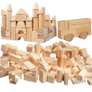 Wooden Blocks Set - 100 Pc Natural Colored Wood Building Block Toys- 100% Real Wood, 14 Different Shapes, Great Gift For Kids Or School Project, Hands On Indoor Activity Play- Build, Stack And Create