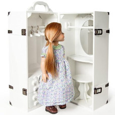 The Queen'S Treasures 18 Inch Doll Clothes Storage Case Furniture, Fully Assembled White Wooden Trunk Includes Vanity, Stool, Hangers, Compatible For Use With American Girl Dolls, Clothes & Shoes