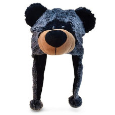 Puzzled Black Bear Plush Hat - One Size Costume Headwear With Ear Flaps, Funny Plush Party Crazy Hat, Stuffed Animal Hat, Cozy Fleece Winter Hat For Kids & Teens