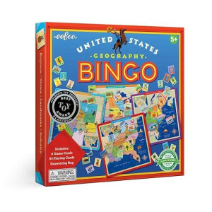 Eeboo: United States Geography Bingo Game, For 2 To 6 Players, Includes 6 Game Cards, 84 Playing Cards, & Drawstring Bag, For Ages 5 And Up