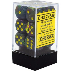 Chessex Dice D6 Sets: Festive Rio Marble Swirl With Yellow Pips - 16Mm Six Sided Die (12) Block Of Dice