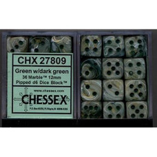 Chessex Dice D6 Sets: Marble Green Swirl With Dark Green Pips - 12Mm Six Sided Die (36) Block Of Dice