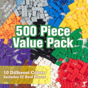 Scs Direct Building Block Bricks - Set Of 500 Pc Bulk Set - 10 With 27 Bonus Roof Pieces - Tight Fit With All Major Brands- Great For Activity Tables And School Projects, Kids Gift