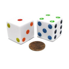 Koplow Games Set Of 2 D6 25Mm Large Opaque Jumbo Dice - White With Multicolor Pips