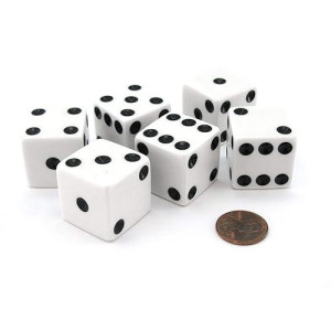 Set Of 6 D6 25Mm Large Opaque Jumbo Dice - White With Black Pip By Koplow Games