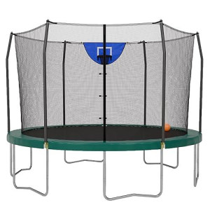 Skywalker Trampoline Outdoor Jump N' Dunk 8 Ft, 12 Ft, 15 Ft, Round Outdoor Trampoline With Net, Trampoline Mat, And Basketball Hoop For Trampoline, Astm Approval, 800 Lbs Weight Capacity - Green