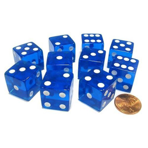 Set Of 10 D6 Square Edged 19Mm Dice - Transparent Blue With White Pips By Koplow Games