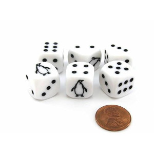 Set Of 6 Penguin 16Mm D6 Round Edged Koplow Animal Dice - White With Black Pips