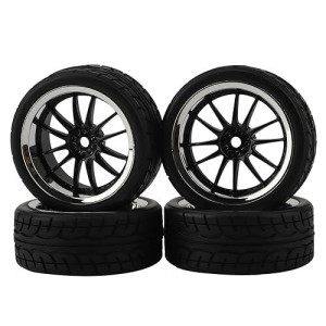 Shaluoman 1/10 Rc Tires And Wheels Set, 12Mm Hex Hub Wheel Rims Rc Tires (65Mm Diameter), 12-Spoke Plating Soft Rubber Tires For 1:10 On Road Touring Car Black