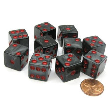 Koplow Games Set Of 10 D6 16Mm Marbleized Square Corner Dice - Charcoal With Red Pips