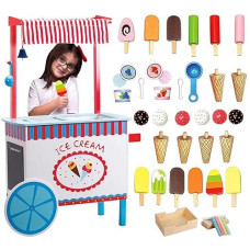 Ice Cream Cart Kids Pretend Play Stand- 33+ Pc Accessories, Realistic Premium Wooden Toy Activity Set, Money Box Chalkboard & Icecream Truck- Popsicles Cones Unique Flavors- Girls Boys Role Play Gift