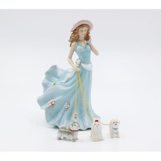 Cosmos Gifts Fine Porcelain Lady Walking Dogs, Blue, Size:5" X 4" X 7 7/8" H