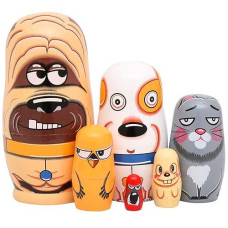 Moonmo 6Pcs Handmade Wooden Russian Nesting Dolls Russian Nesting Dolls Cute Dogs Matryoshka Dolls.