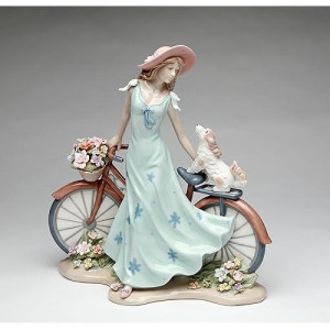 Cosmos Gifts 10414 Fine Elegant Porcelain Lady Riding Bike With My Best Friend Dog Puppy Porcelain Figurine, 10 5/8" H