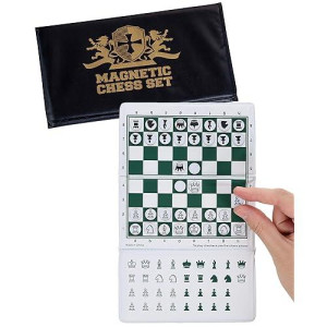 We Games Mini Magnetic Travel Chess Set - 6” Compact Foldable Board With Durable Vinyl Design Pieces - Indoor & Outdoor Magnetic Chess Game - Extra Queens Included, Gold Logo