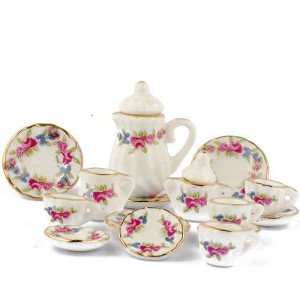 Baenrcy 1 Set 15 Pieces 1:12 Ceramics Tea Cup Set Lovely Dollhouse Decoration Set Dollhouse Kitchen Accessories(#1)