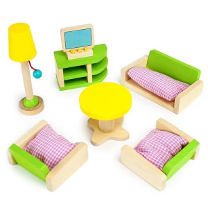 Wooden Dollhouse Furniture|Made Of Safe Wood And Bright Water-Based Paint|Compatible With Most Doll Houses|Living Room