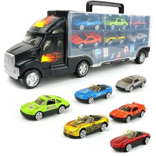 Big Mo's Toys Transport Car Carrier Truck with 6 Racing Cars