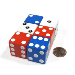 Set Of 6 Patriotic D6 25Mm Large Opaque Jumbo Dice- 2 Each Of Red White And Blue By Koplow Games