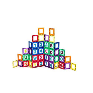 Playmags Magnetic Tile Building Set: Exclusive Educational Clickins 36-Pc. Kit: 18 Super Strong Clear Color Magnet Tiles Windows & 18 Letters & Numbers Stimulate Creativity & Brain Development