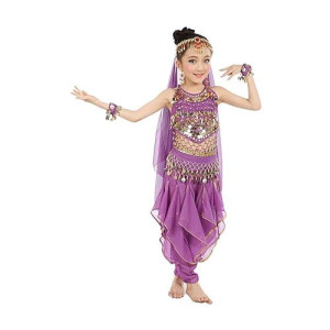 Cielary Kids Girls Belly Dance Halter Top Harem Pants Costume Set Halloween Outfit With Head Veil Waist Chain And Bracelets(Violet,S)