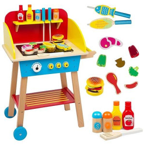 Cook 'N Grill Wood Toy Bbq Set- Pretend Play Wooden Barbeque Food & Grilling Tools For Kids, 30+ Pieces Feat Spatula, Burger & More, Fun Indoor Activity Playset, Daycare, Playroom Centers Or Gift