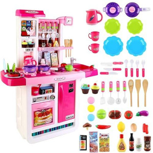 Deao My Little Chef Kitchen Playset Role Playing Game With Touchscreen Panel, Water Features And 50 Accessories Included (Pink)