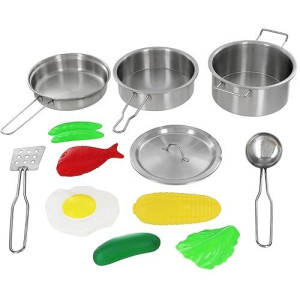 Click N' Play Kids Kitchen Pretend Play Toy, Toddlers Stainless Steel Pot And Pans Cookware And Accessories Playset With Play Food, Kitchen Play Set For Girls And Boys Ages 3 Years And Up, 12 Pieces