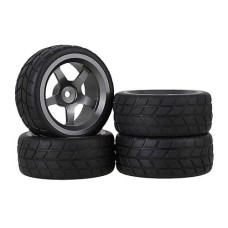 Mxfans Grey 5 Spoke Aluminium Alloy Wheel Rims & Black Square Pattern Rubber Tyres Tires For Rc 1:10 On Road Racing Car Set Of 4