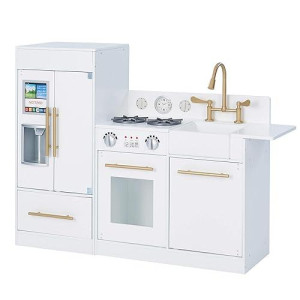 Teamson Kids Little Chef Charlotte Modern Modular Interactive Wooden Play Kitchen With Refrigerator, Stove And Sink In White With Gold Finishes