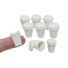 Changthai Design Very Tiny ¾ Inch High White Plastic Takeaway Coffee Cups 10 Pieces Set - Miniature Tableware Cup Mug Tray Bowl Crockery Cutlery Kitchenware Handmade Mini Decorative Collectible Gifts