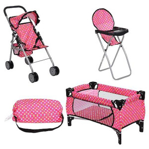 Fash N Kolor Doll Play Set 3 In 1 Doll Set, 1 Pack N Play. 2 Doll Stroller 3.Doll High Chair. Fits Up To 18'' Doll (Polka Dot)